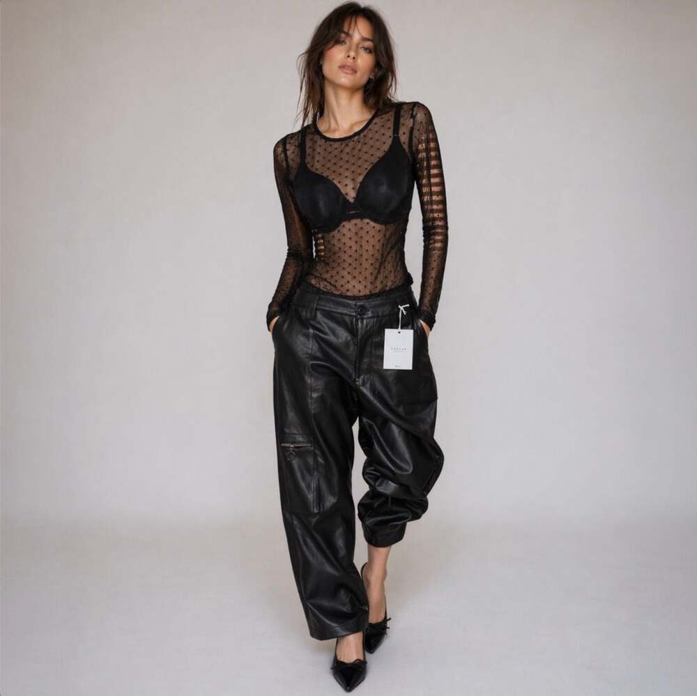 Mind Code Black Sheer Mesh Polka Dot Long Sleeve Top‎ Womens Small Y2K